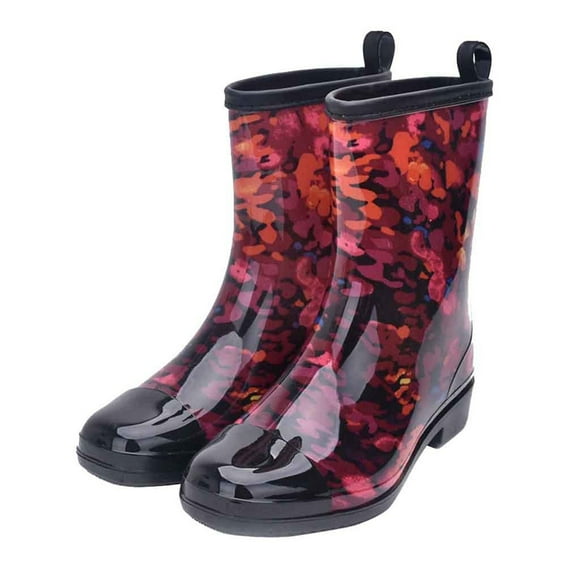 Rain Boots for Women Mid Calf Flower Print Black Toe Cap Garden Shoes Waterproof Non Slip Rubber Sole Outdoor Work PVC Rain Shoes Red
