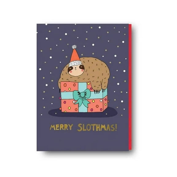 Merry Slothmas Greeting Card – Cute Sloth on Gift Box Design – Perfect Christmas Card for Friends & Family – Blank Inside, Includes Envelope