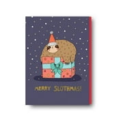 Merry Slothmas Greeting Card – Cute Sloth on Gift Box Design – Perfect Christmas Card for Friends & Family – Blank Inside, Includes Envelope
