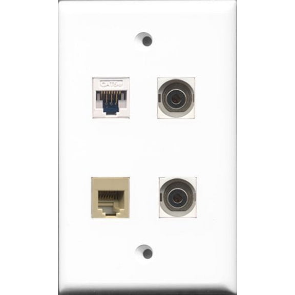 RiteAV - 1 Port Phone RJ11 RJ12 Beige 2 Port 3.5mm and 1 Port Cat5e Ethernet White Wall Plate