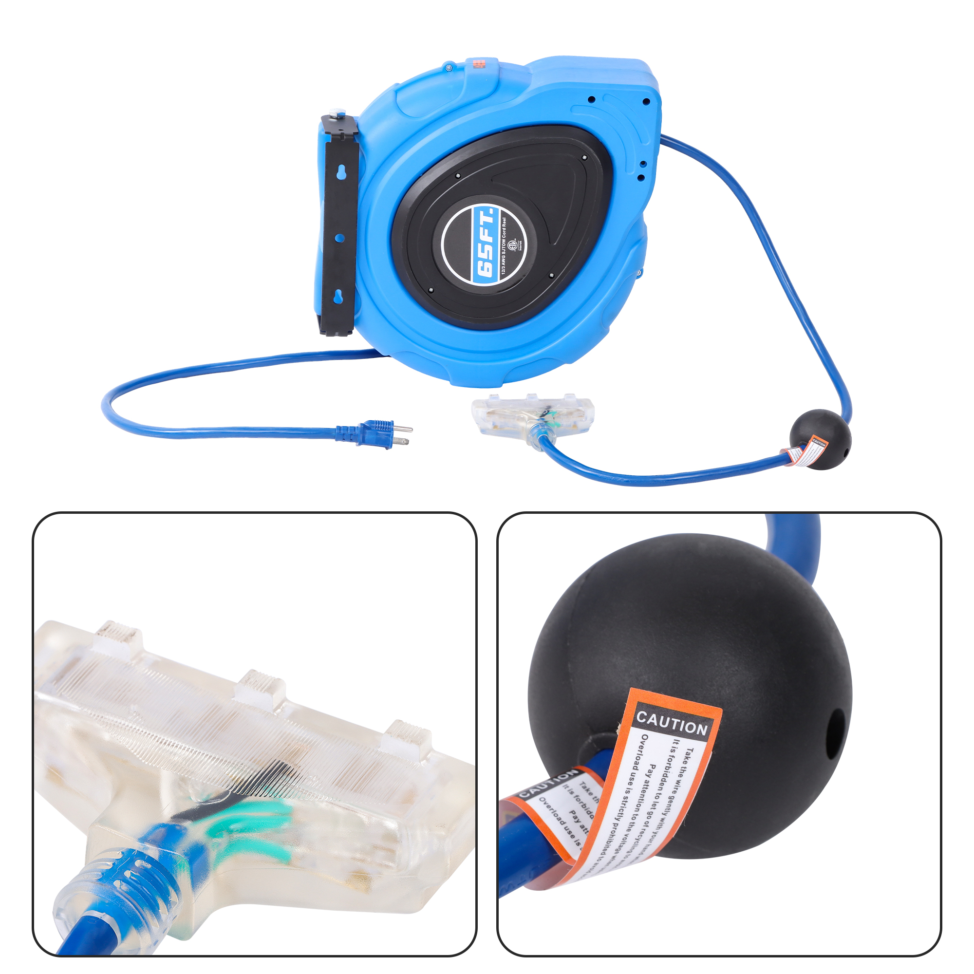 labwork 65FT 12AWG/3C SJTOW Retractable Extension Cord Reel Power Cord Reel New