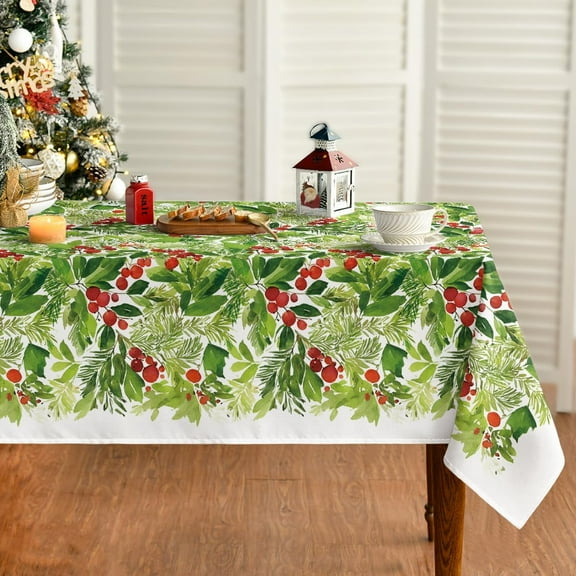 Christmas Tablecloth 60×102 Inch Rectangular, Holly Fruits Washable Table Cover for Party Picnic Dinner Decor