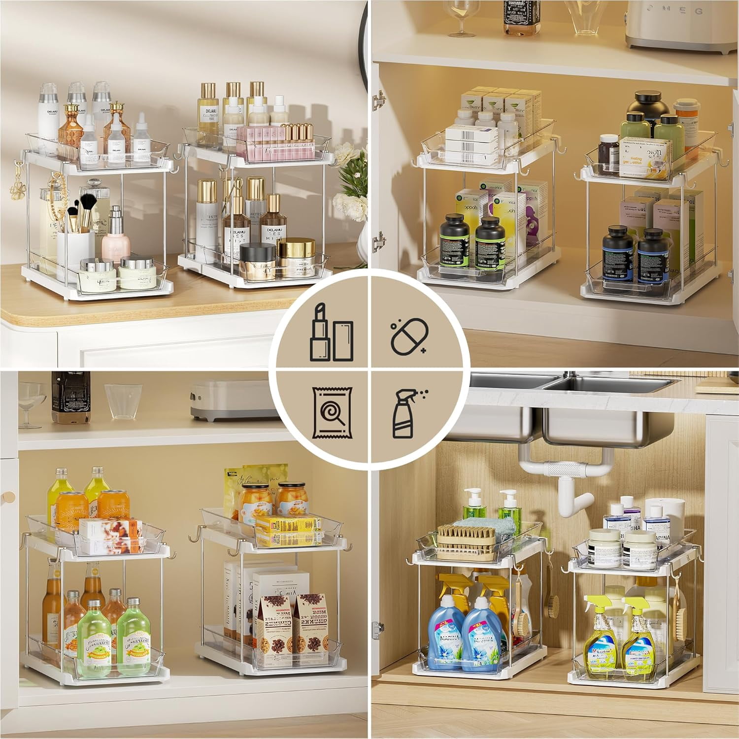 2 Tier Bathroom Under Sink Organizers and Storage with Hook, Multi-Purpose Cabinet Drawers with Movable Dividers, Pull Out Organization for Countertop, Kitchen and Pantry(White, 4 Pack)