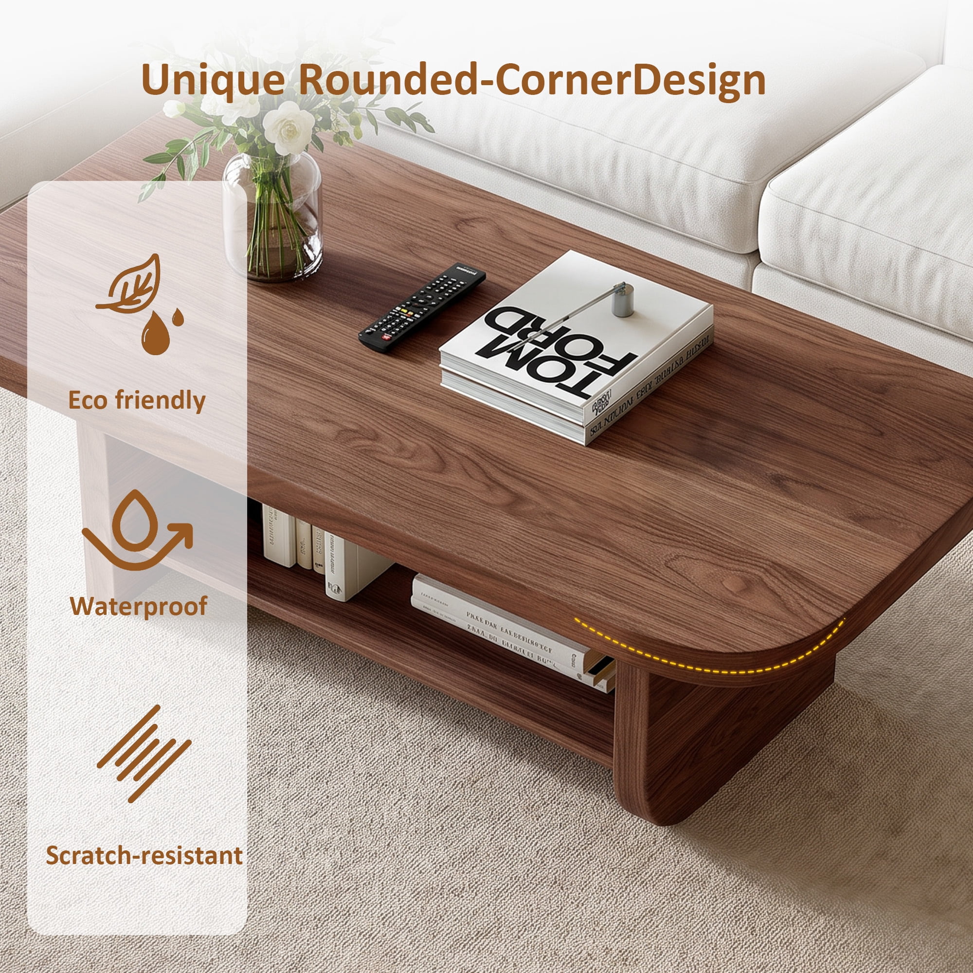 Leumius Coffee Table with Lower Storage Shelf, Mid-Century Modern Living Room Table, Farmhouse Accent Furniture for Living Room, Large Spaces