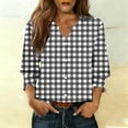 thumbnail image 2 of Htigea Women's Button Down T-Shirts Plaid 3/4 Sleeve Tee with Smocked Cuffs Dressy Notch V-Neck Blouse for Work & Daily Black XXL, 2 of 7
