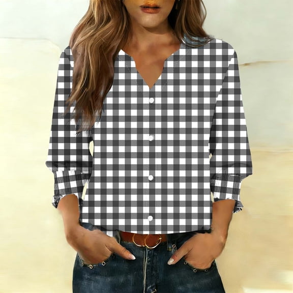 Qulqfy Casual Blouses for Women V-Neck Plaid Loose Fit 3/4 Length Sleeve Business Flowy Work Fall Button Tops for Women Trendy Black L