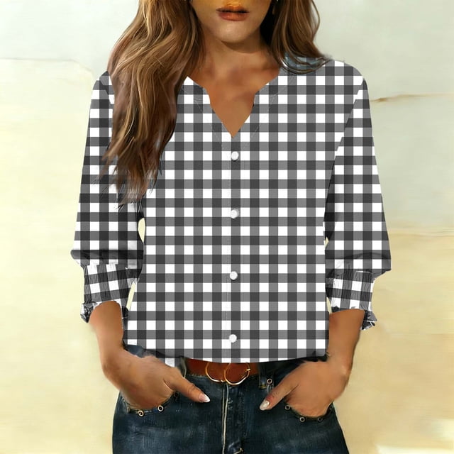 Ounisa Womens 3/4 Sleeve Cardigan V Neck Printed Button Down Spring Summer Fall Casual Daily Wear Trendy Tops S-2XL