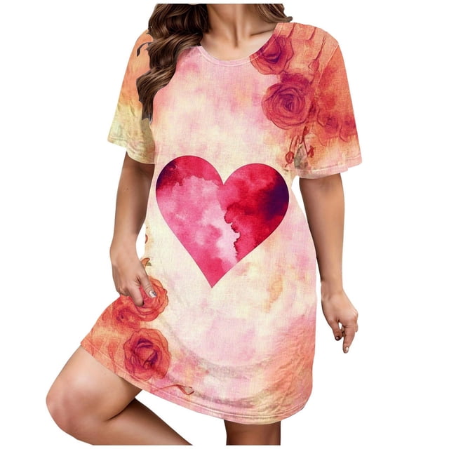 Kelon Nuisettes et Chemises de Nuit pour Femmes Grande Taille Robe de Nuit Décontractée pour Femmes Grande Taille Imprimé Cœur Manches Courtes Col Rond Extensibilité Moyenne Nuisette Ample Robe de Nuit de la Saint-Valentin