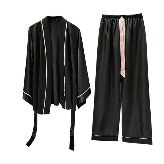 qolati Womens Satin Pajama Sets 2 Piece qolati Silk Robe Cardigan and Long Pants Lounge Set Lightweight Soft PJs Sleepwear Set