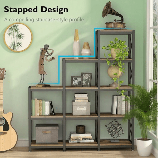 9-Cube Vintage Ladder Bookcase, Stepped Staircase Design, Space-Saving Etagere for Home/Office, Easy Assembly