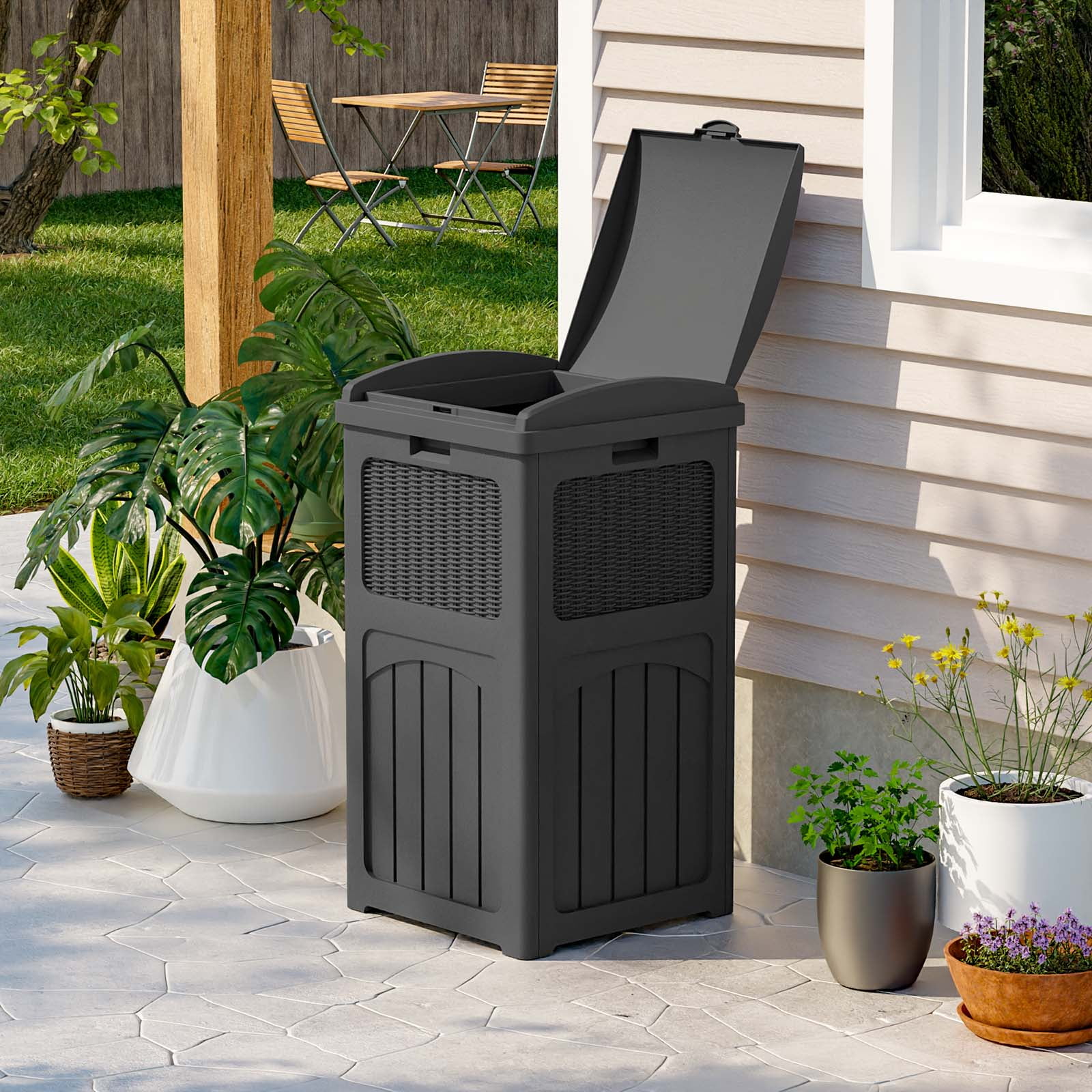 Patiowell 36 Gallon Hideaway Can Resin  Trash with Latch for Backyard, Deck, or Patio,Black