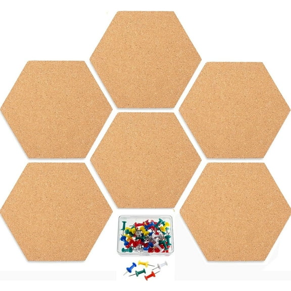 Self-Adhesive Wall Bulletin Board,6 Pack Hexagon Cork Board Tiles,DIY Notice Board,Wall Bulletin Board with 40 Push Pins, Application Message Board for DIY, Pictures Hanging, Office Home Decoration