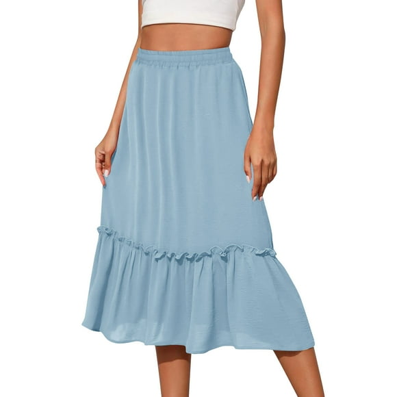 Tumotour Skirts for Women Solid Color Elastic High Waist Ruffle Boho Skirt with Pockets Summer Tiered Trendy Ankle-Length A-Line Skirt Fashion Swing Flowy Long Skirt for Beach Casual Outwear Vacation