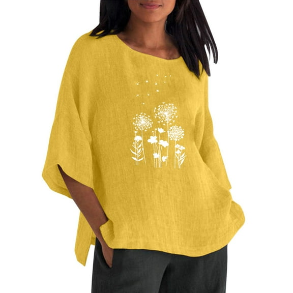 Huesdet Women's Cotton Linen Summer Button 3/4 Sleeve Shirts Summer Crew Neck Casual Boho Top Vintage Blouse Tops(Yellow,XL)