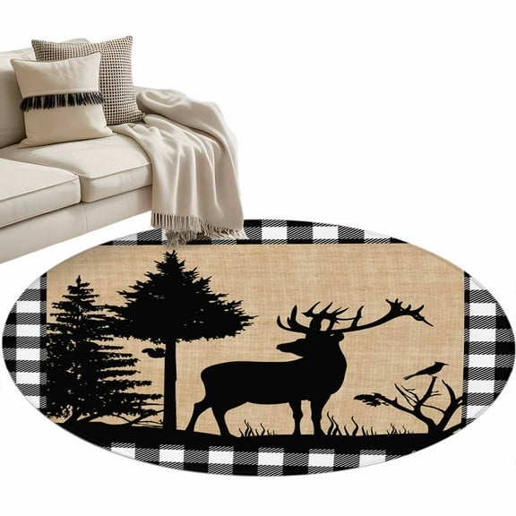 Christmas Elk Round Area Rug 4 FT, Non Slip Indoor Outdoor Rug, Xmas Tree White Black Buffalo Plaid Washable Soft Circular Carpet Non-Shedding Floor Mat for Coffee Table Nursery Foyer Balcony