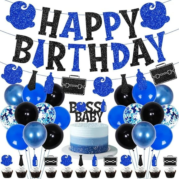 Boss Birthday Party Decorations for Blue Black Boss Boy Baby Themed Happy Bday Banner Cake Toppers Balloons Set for Newborn Boy Child Kid Bday Party 1st 2nd 3rd Birthday Decor Supplies