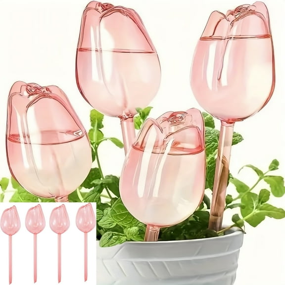 4 Pcs Plant Watering Globes, Plant Watering Globes Tulips, Automatic Plant Waterer Devices, Automatic Drip Irrigation with Terracotta Spikes, Plant Watering Spikes for Vacation (4PCS-Pink)