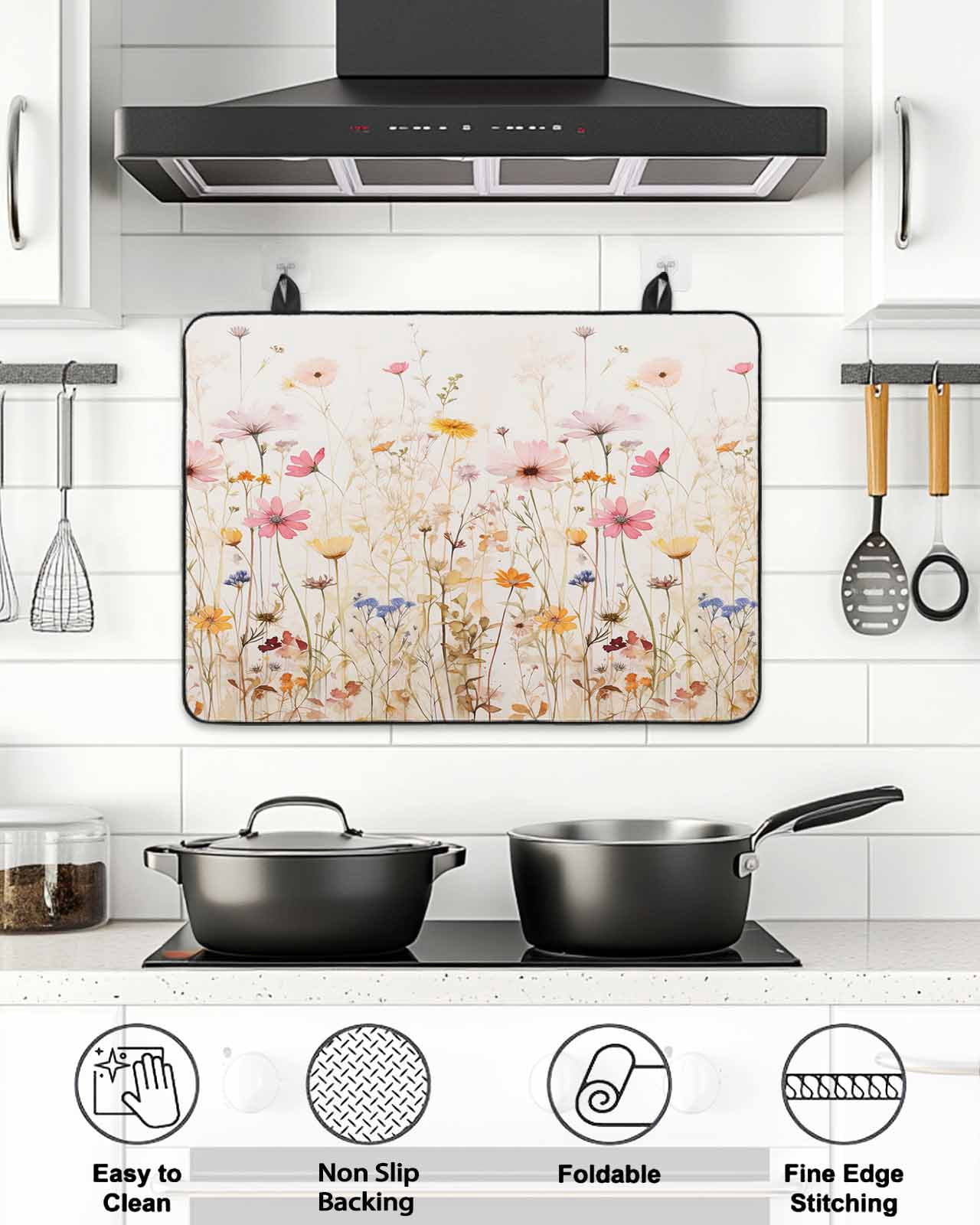 Stove Top Covers for Electric Stove, Spring Floral Glass Stovetop Cover Protector, Pastoral Botanical Summer Flowers Vintage Induction Cooktop Protector Oven Mat for Kitchen Countertop 24"x21"