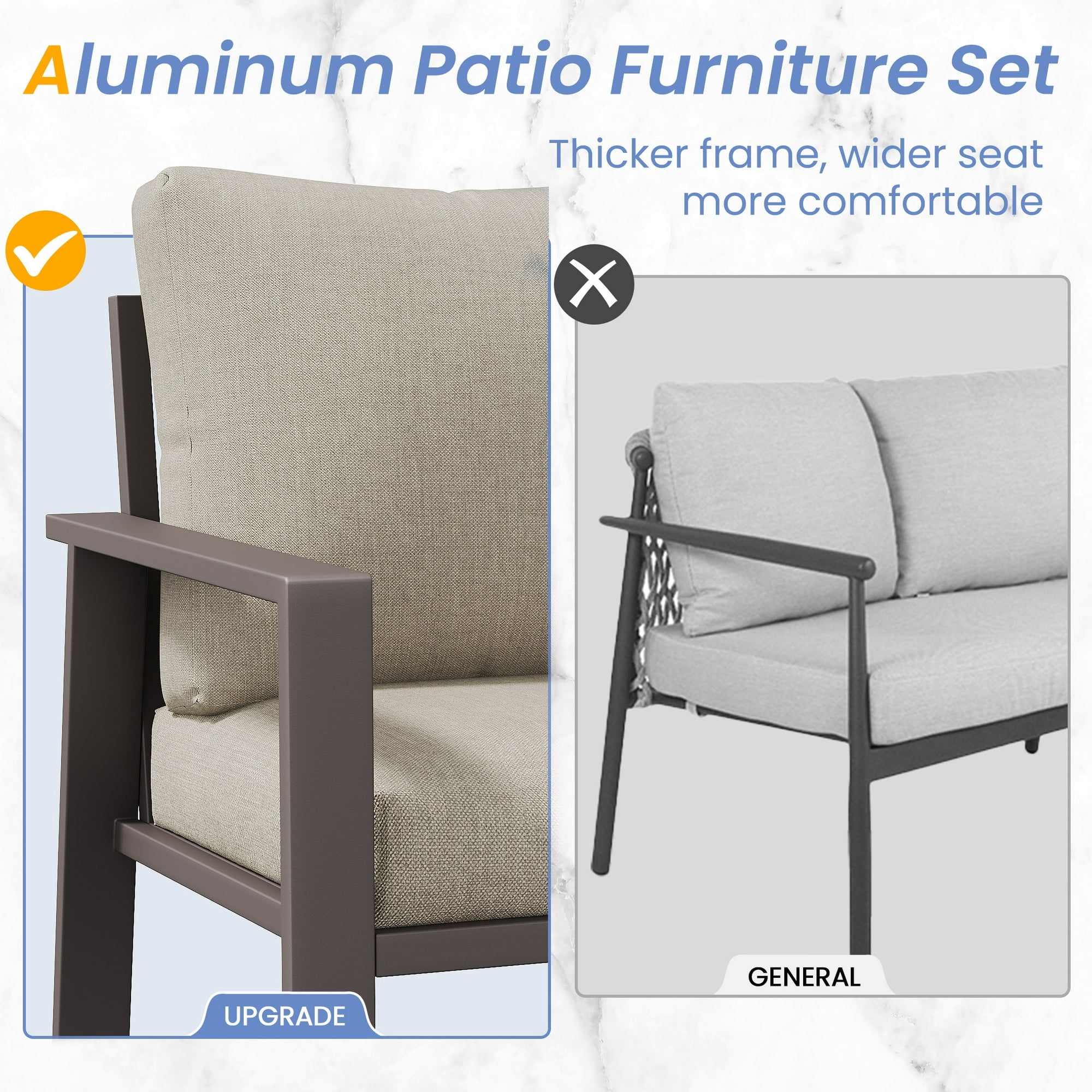 UDPATIO Aluminum Patio Furniture Set, Contemporary Outdoor Couch Set, Aluminum Patio Conversation Set, Beige