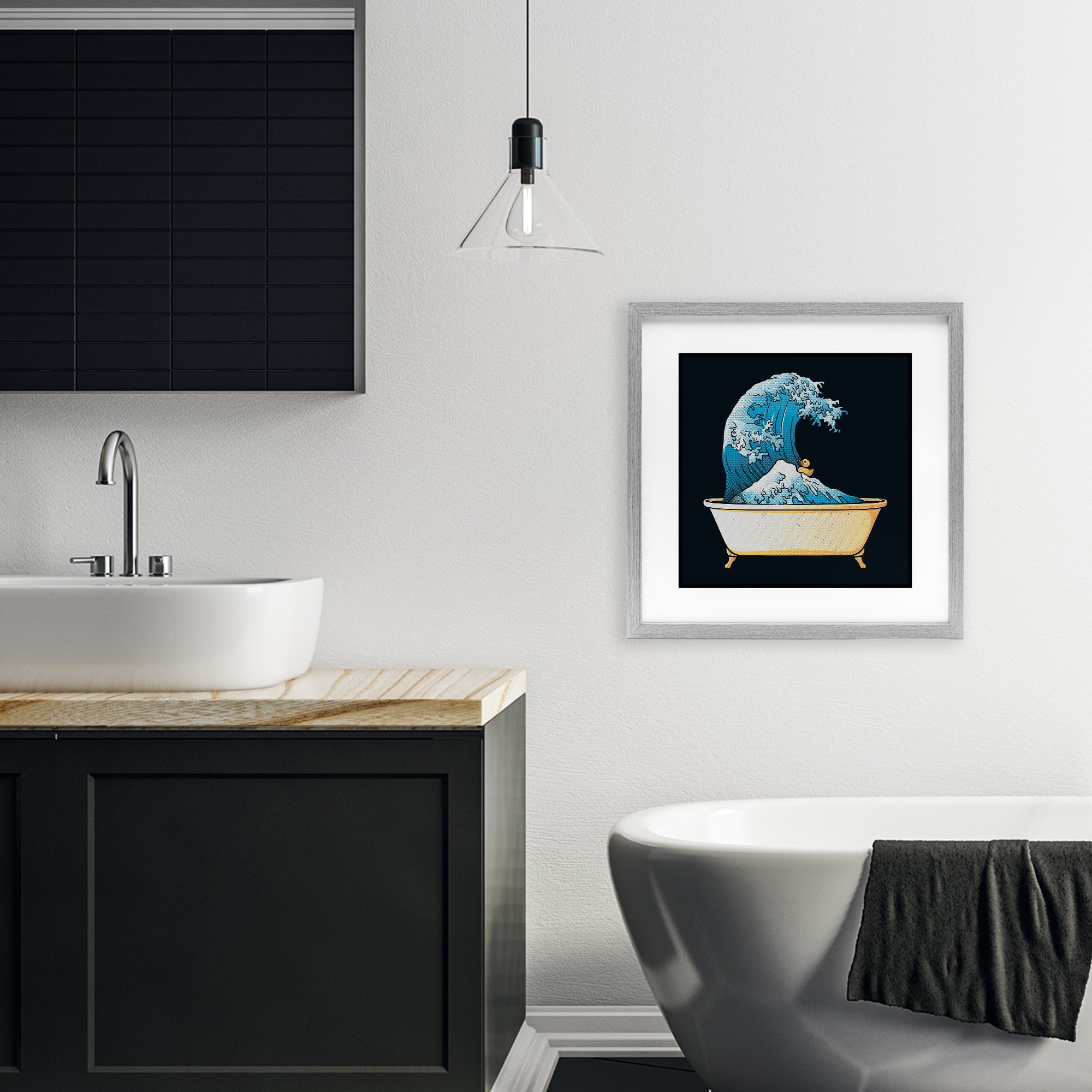 Stupell Industries Bathtub with Kanagawa Wave Gray Framed Print Under Glass, design by Tobe Fonseca