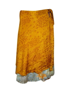 Mogul Women Orange Wrap Skirt 2 Layer Printed Vintage Sari Reversible Beach Wear Cover Up Wrap Around Skirts