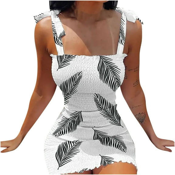 USSUMA Sun Dresses Women Casual Sleeveless Smocked Tight Club Short Bodycon Summer Dresses Floral Print Tie Knot Sundress for Women Beach Vacation Square Neck Mini Women's Shirt Dress