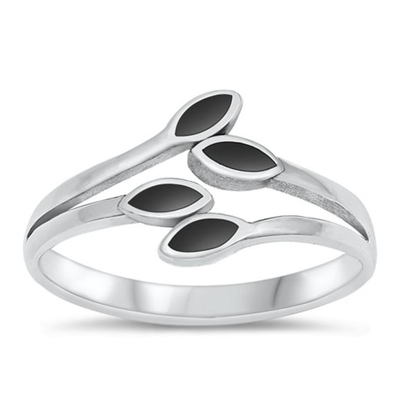 CHOOSE YOUR COLOR Leaves Simulated Black Onyx Ring .925 Sterling Silver Band CZ Female Size 6