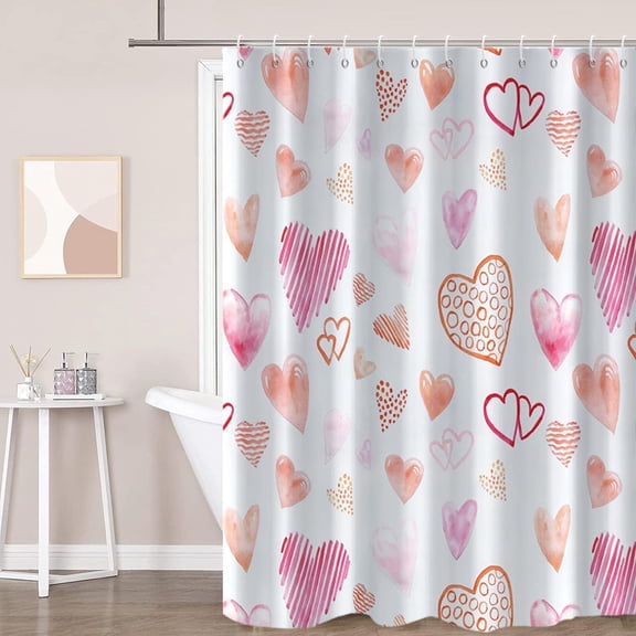 Valentine''s Day Shower Curtain, Heart Pink Doodle Art Painting Waterproof Fabric Machine Washable for Bathroom Decor Bathtub with Hooks 72x72