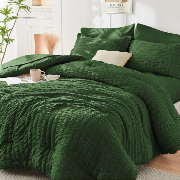Juego de edredón HYMOKEGE Queen Seersucker, verde oscuro, 7 piezas