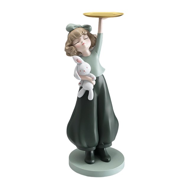 Bandeja de almacenamiento de escritorio con forma de estatua de niña, plato para dulces, artesanía multiusos, adorno de escritorio, figura decorativa Verde