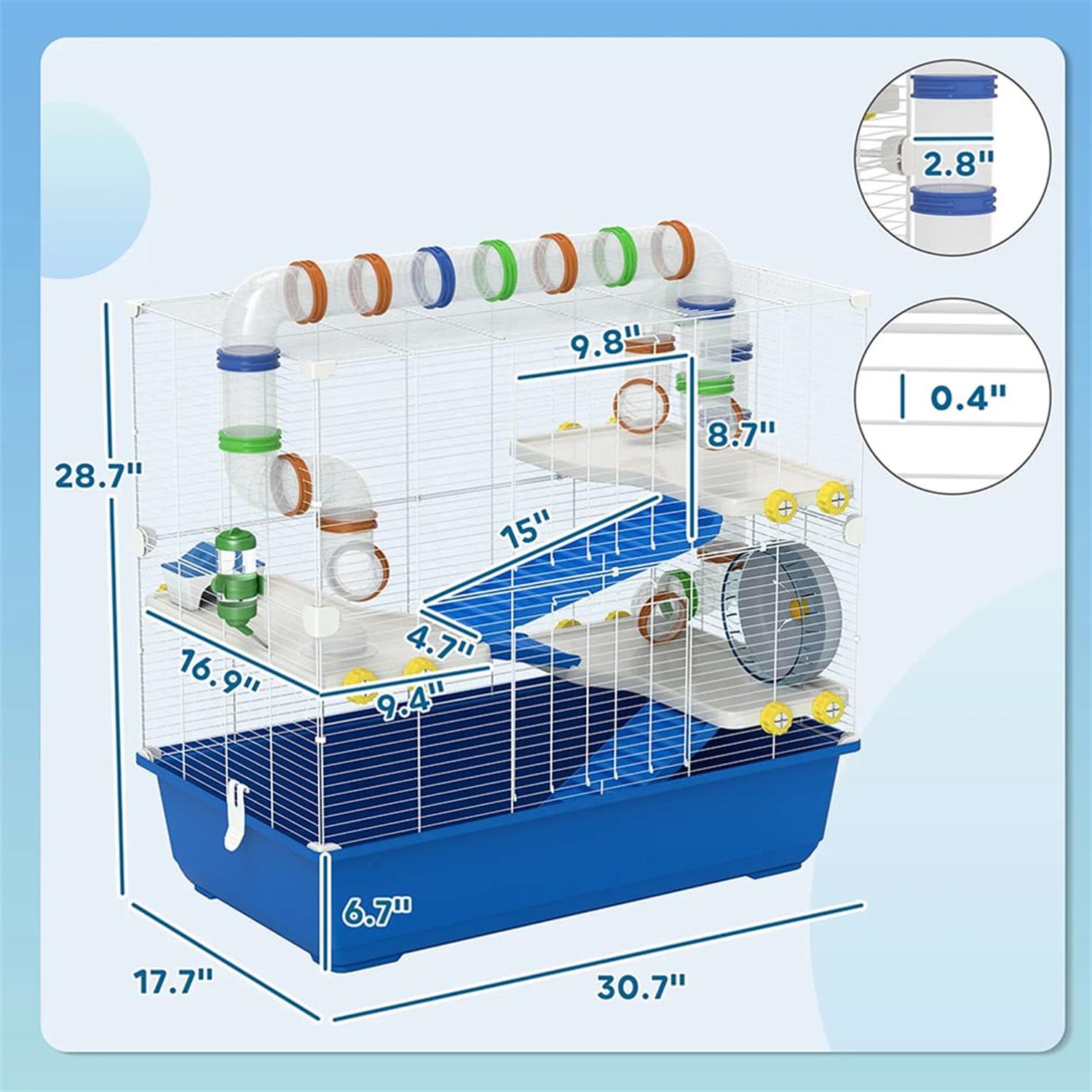 resenkos 30" Large Hamster Cage, Gerbil Cage with Tubes and Tunnels for Syrian Gerbil, 4 Tiers Small Animal Habitats Exercise Wheel, Water Bottle, Blue