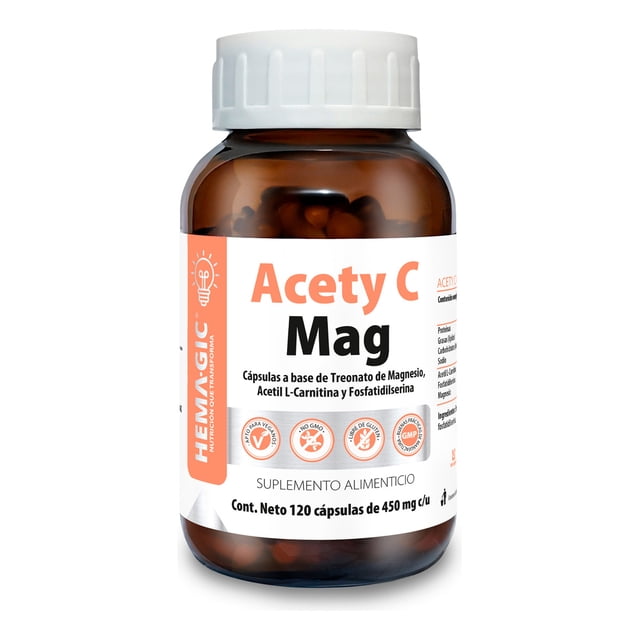 HEMAGIC Acety C Mag - Suplemento Alimenticio Con Treonato De Magnesio, Acetil L-Carnitina Y Fosfatidilserina - 120 Cápsulas Veganas 450 mg c/u - Sin OGM, Gluten Ni Aditivos