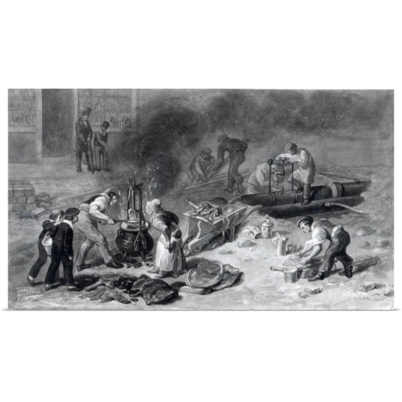Great BIG Canvas | Rolled George the Elder (1788-1860) Scharf Poster Print entitled The Laying of the Water-Main in Tottenham Court Road, 1834