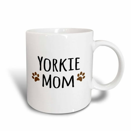 Terrier Dog Mug (3dRose Yorkie Dog Mom - Yorkshire Terrier - Doggie by breed - doggy lover brown paw prints - mama pet owner, Ceramic Mug,)