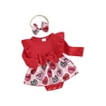 thumbnail image 1 of FOCUSNORM Baby Girl 2Pcs Spring Outfits Ruffle Long Sleeve Romper Dress with Headband Set Valentine’s Day Clothes, 1 of 9