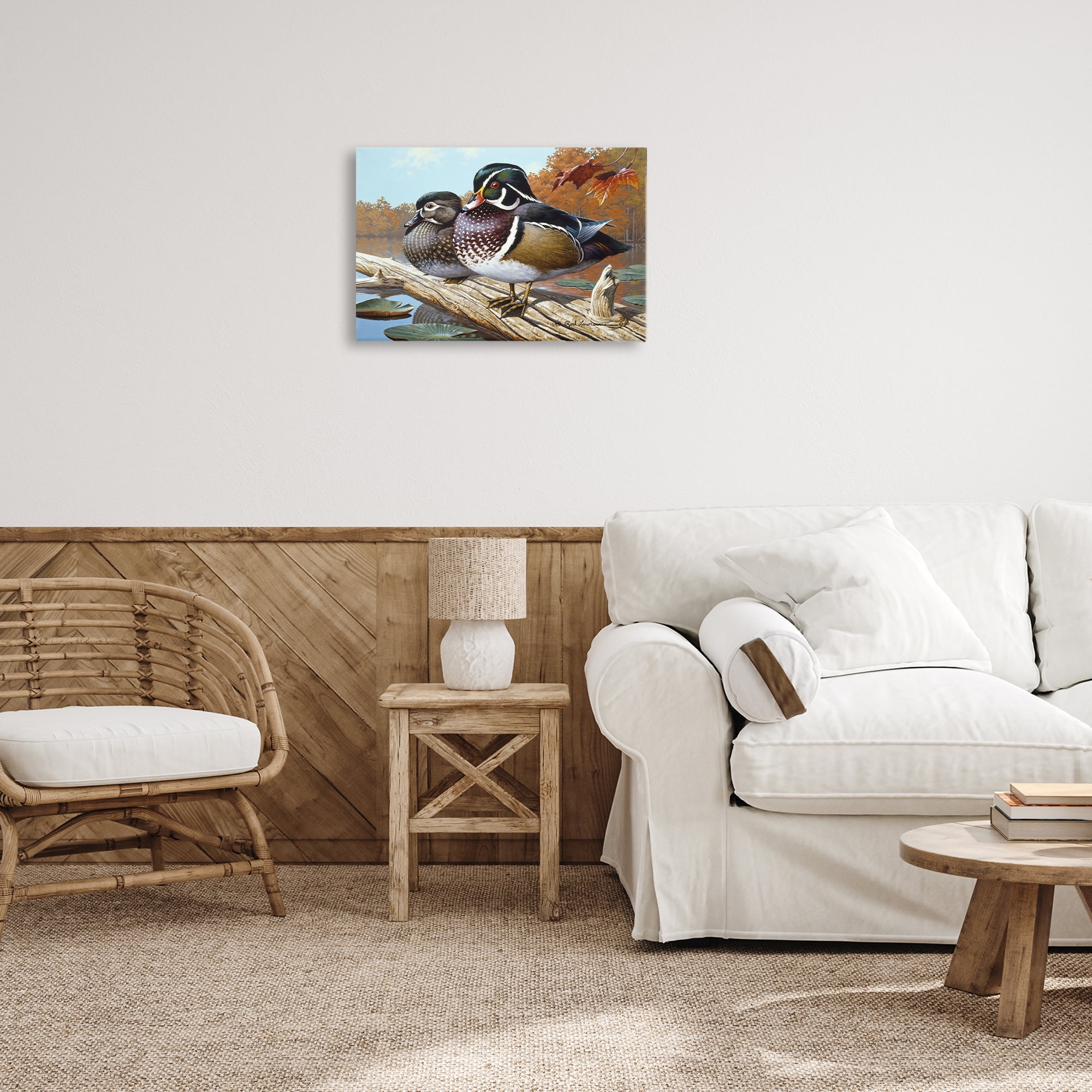 Stupell Industries Duck Pair on Driftwood Animals Painting Wrapped Canvas Art Print Wall Art, 24 x 16