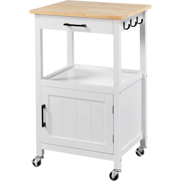 Rolling Kitchen Island Cart with Storage, 2-Tier Wood Top, White | Small Kitchen Island on Lockable Wheels, Microwave Cart with Drawer, 6 Hooks, Cabinet for Dining/Living Room/Kitchen Bar