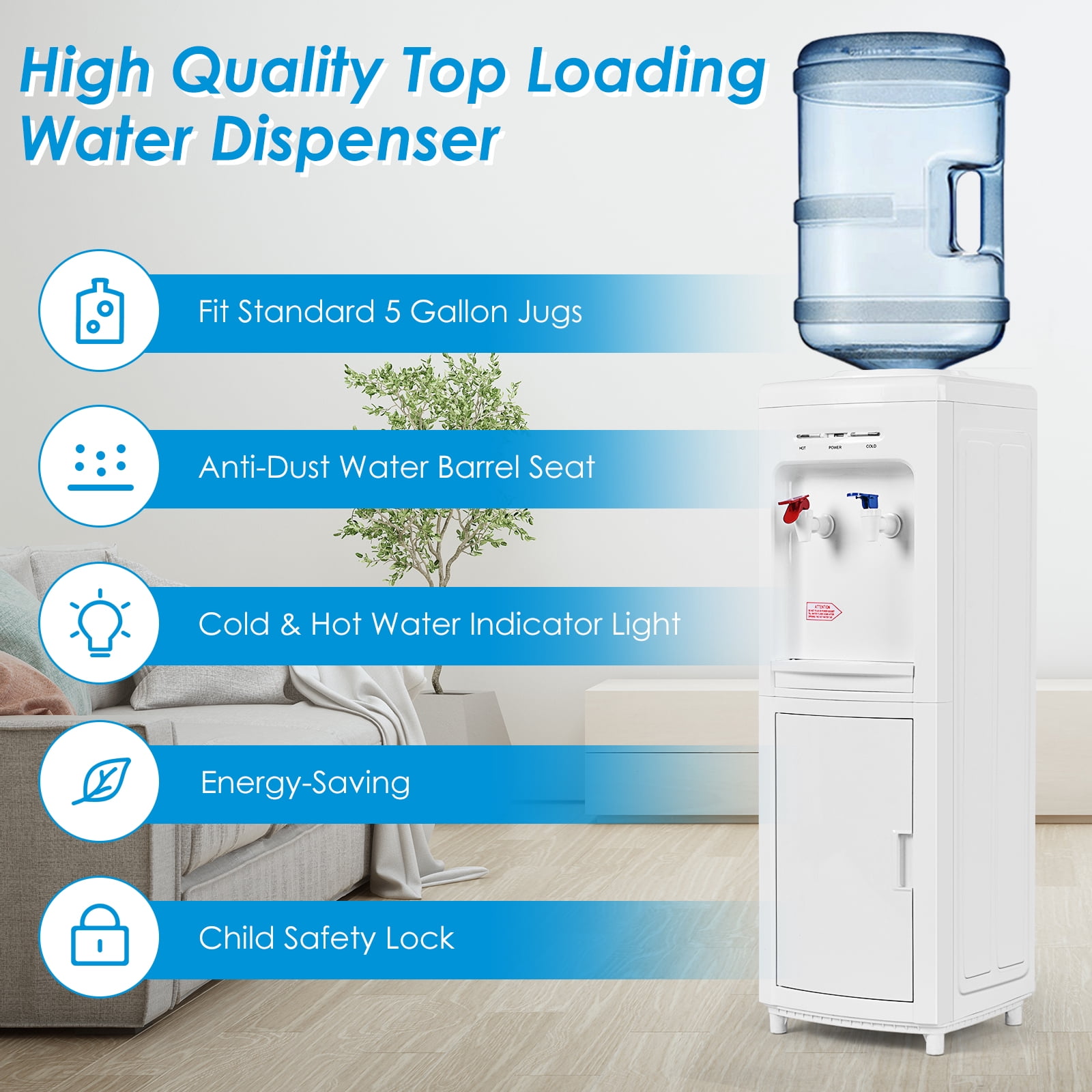 Gymax 5 Gallon Top Loading Hot & Cold Water Dispenser Cooler w/ Storage Cabinet