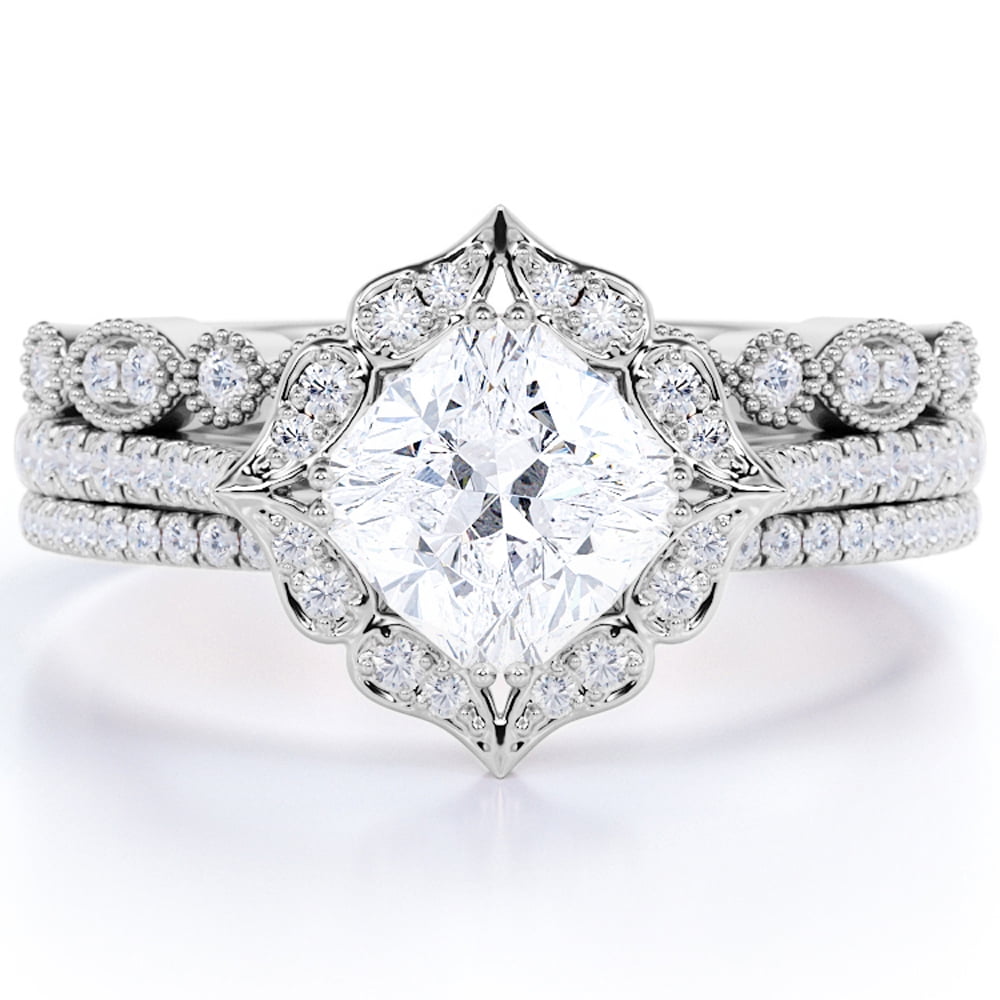 JeenMata 1.75 carat cushion cut Moissanite Halo Engagement Ring Trio Set in 18k White Gold Over Silver