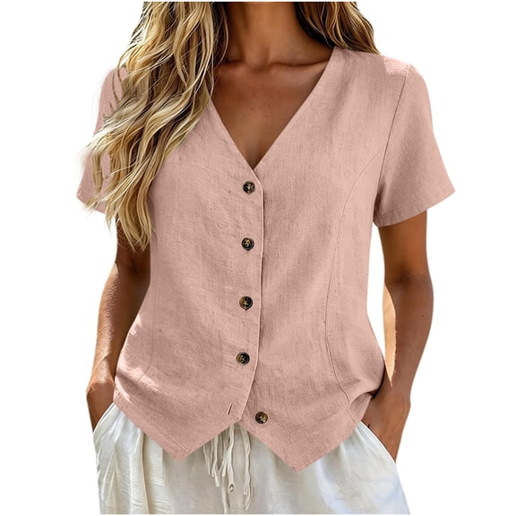 hoksml Women's Cotton Linen V Neck Short Sleeve Blouse, Button-Down Casual Shirt, Slim Fit Top for Daily and Summer Wear