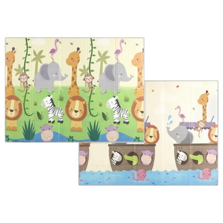 Dream On Me Play Time Reversible Baby Play Mat Foldable Extra Large Thick Foam Crawling Playmats for Toddlers Waterproof Portable Playmat Yoga/Picnic/Game Mat Indoor/Outdoor, Happy Animals Footprint