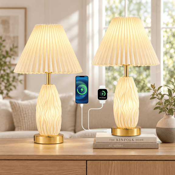 GVDV HOME 17.5" Table Lamp Set of 2, Bedside Lamp with USB A&C Ports and Night Light, Touch Control 3 Color Stepless Dimmable, for Living Room Bedroom