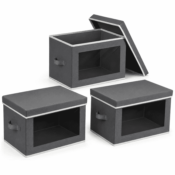 3 Pack Fabric Storage Bins with Lids - Collapsible Closet Organizers with Handles and Window, Decorative Boxes for Clothes, Books, Hats, Dark Grey