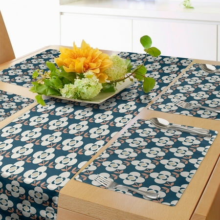 

Floral Table Runner & Placemats Simplistic 4 Petal Flowers with Leafy Stems in Symmetrical Order Set for Dining Table Decor Placemat 4 pcs + Runner 14 x90 Petrol Blue Eggshell by Ambesonne