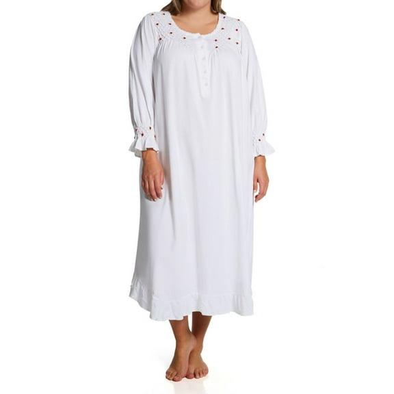 Women's La Cera 1538X Plus 100% Cotton Knit Red Rose Long Sleeve Gown (White 2X)