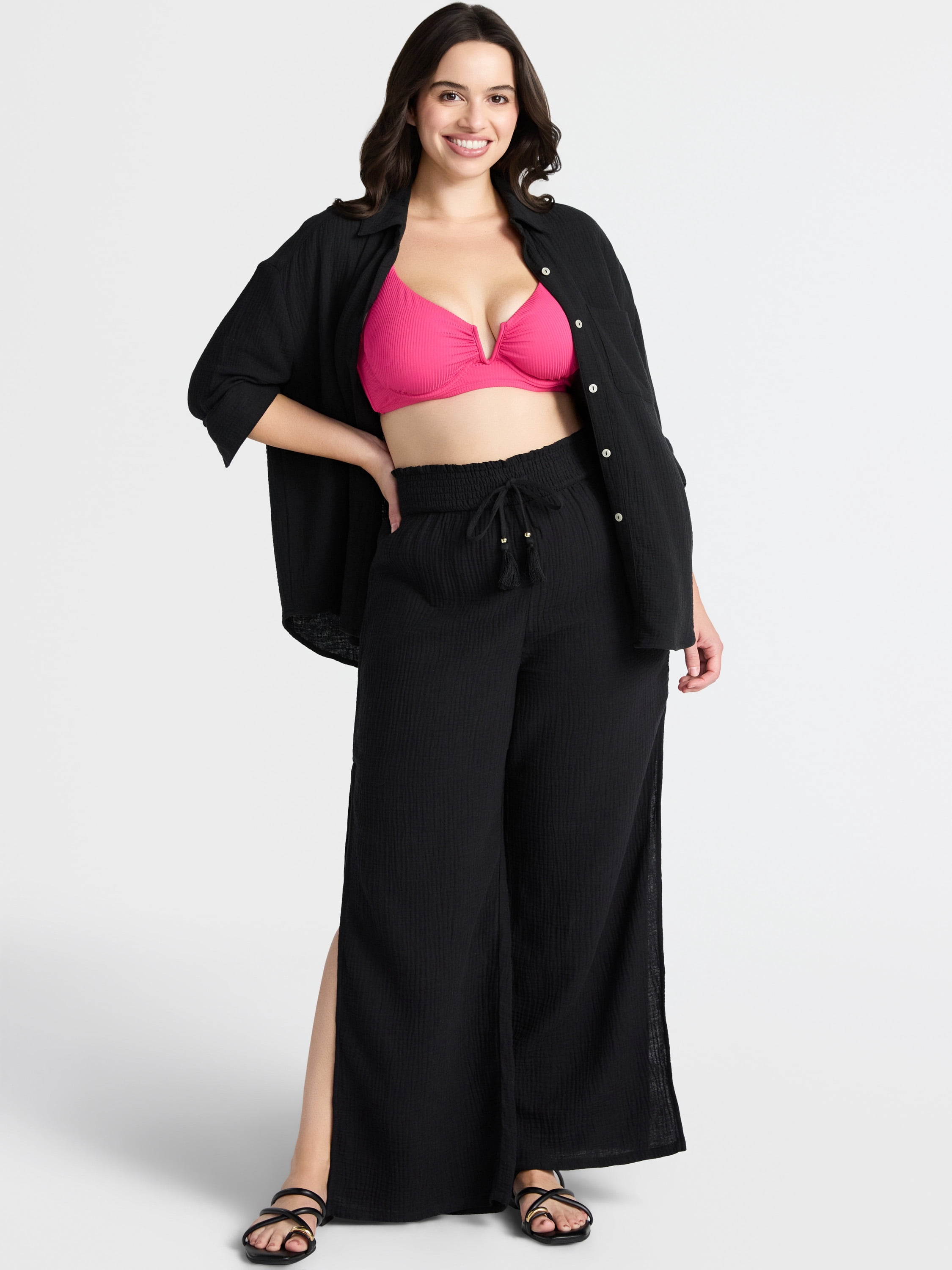 Time and Tru Women's and Women's Plus Side Slit Cotton Coverup Pants, Sizes XS-3X