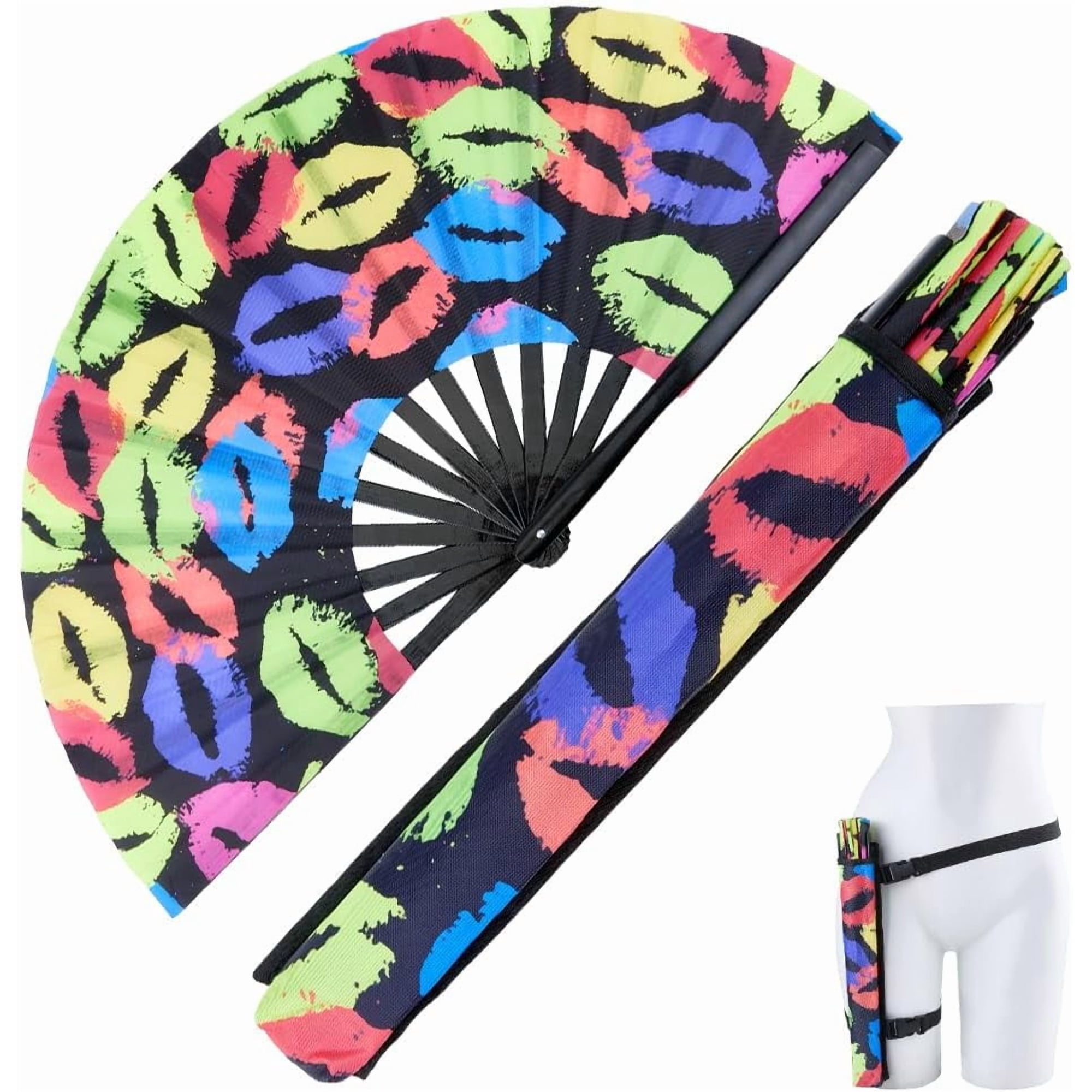 1 Set Bamboo & Oxford Fabric Folding Fan with Bag and Belt for Party Wedding Dancing Decoration Lip 330mm