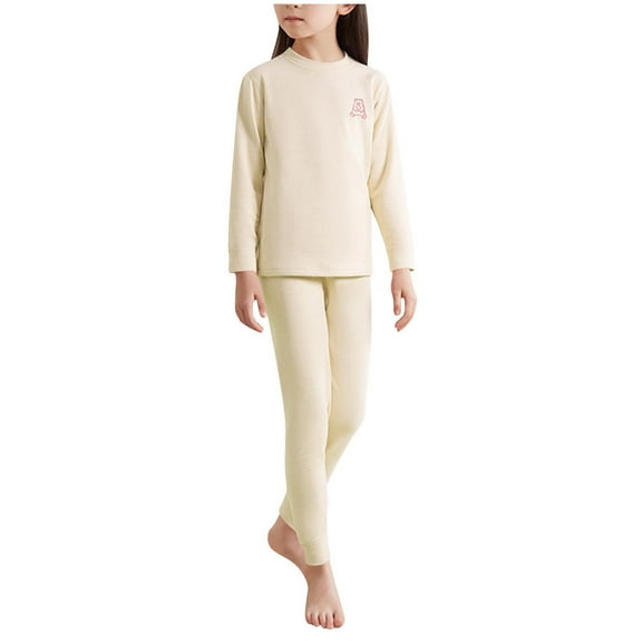 Cethrio Girls Pajama Sets, Cotton Long Sleeve Thermal Comfy Fall Winter Sleepwear Beige Size 10-12 T