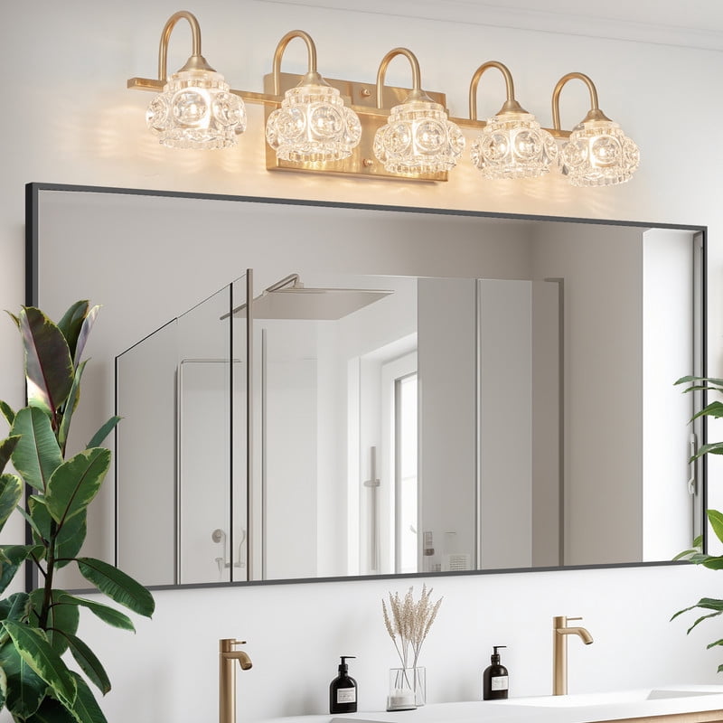 29" Modern 5-Light Gold Crystal Vanity Light with Clear Glass Shades, Elegant Bathroom Wall Sconce for Mirror or Powder Room (Bulbs Not Included)