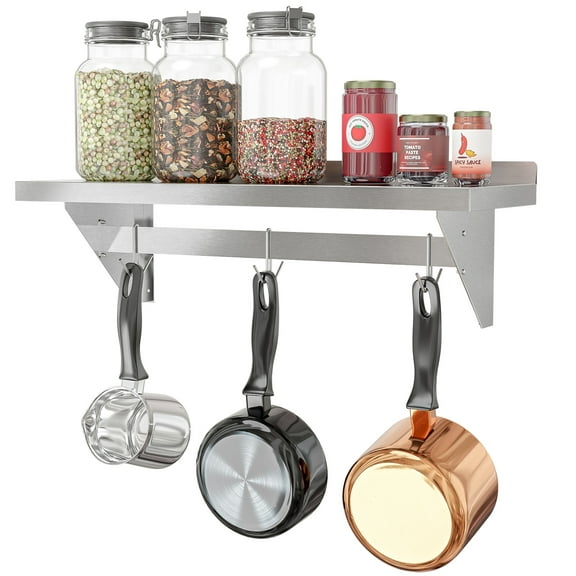 KoolMore 12" x 36" 18-Gauge Stainless-Steel Heavy Duty Wall Shelf with Pot Rack.